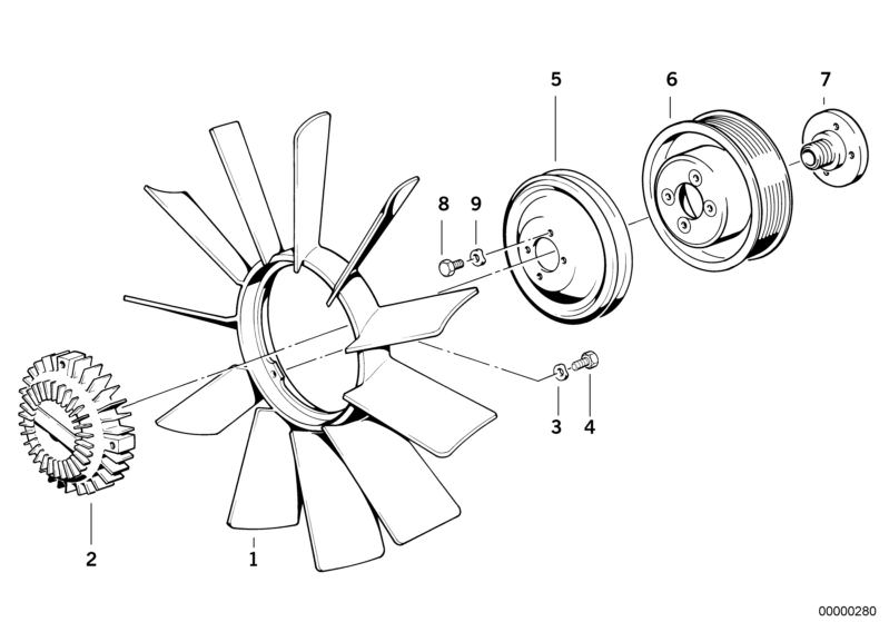 Picture board COOLING SYSTEM-FAN/FAN COUPLING for the BMW Classic parts  Original BMW spare parts from the electronic parts catalog (ETK) for BMW motor vehicles (car)   Fan 11 blade, FAN COUPLING, Hex Bolt with washer, ISA screw, Pulley, WAVE WASHER