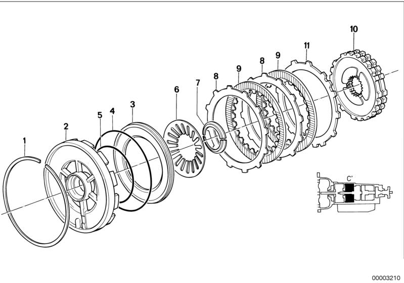 Bildtafel ZF 4HP22/24 Bremskupplung C´ für die BMW Classic Teile  Original BMW Ersatzteile aus dem elektronischen Teilekatalog (ETK) für BMW Kraftfahrzeuge( Auto)    Aussenlamelle, Belaglamelle, Freilauf 2.Gang, Haltering, O-Ring, Tellerfeder