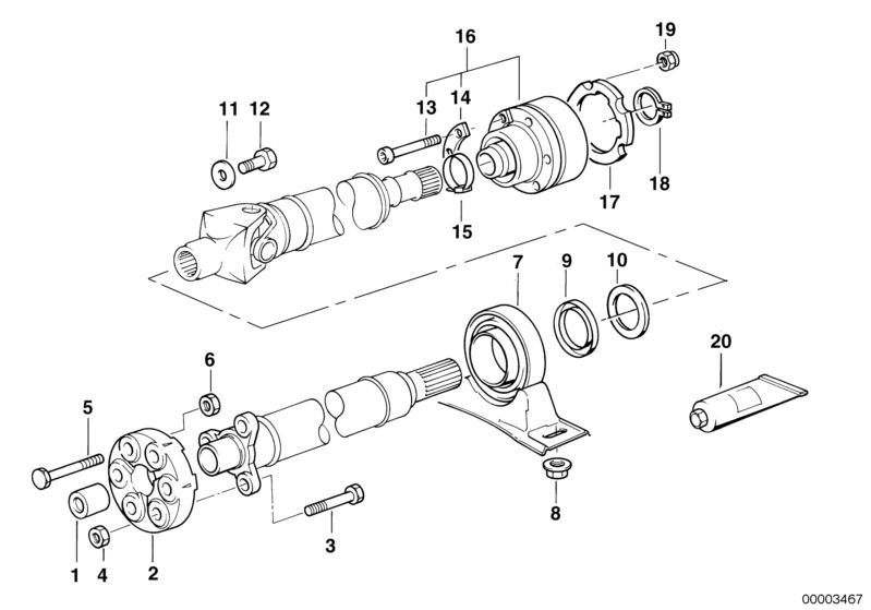Picture board DRIVE SHAFT-CEN.BEARING-CONST.VEL.JOINT for the BMW 7 Series models  Original BMW spare parts from the electronic parts catalog (ETK) for BMW motor vehicles (car)   Centering sleeve, Centre Mount, Collar nut, Constant-velocity joint wth knur
