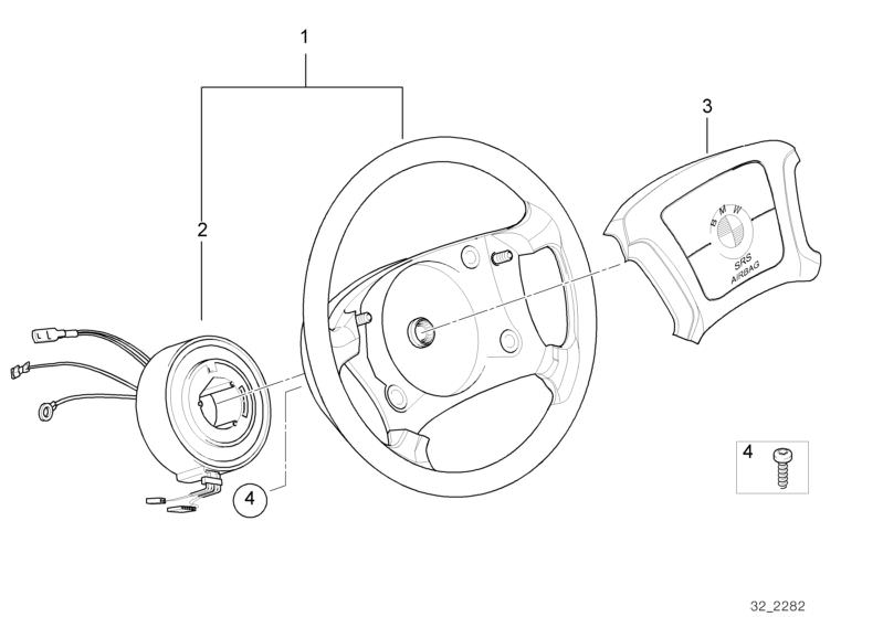 Illustration du Volant airbag pour les BMW Classic parts  Pièces de rechange d'origine BMW du catalogue de pièces électroniques (ETK) pour véhicules automobiles BMW (voiture)   HUB CAP, AIRBAG, Slip ring, Steering wheel, leather, Torx screw