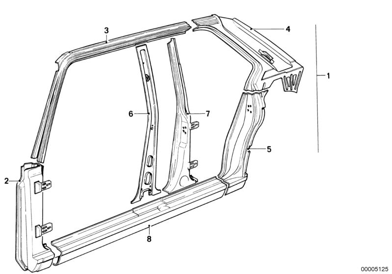 Picture board BODY-SIDE FRAME for the BMW Classic parts  Original BMW spare parts from the electronic parts catalog (ETK) for BMW motor vehicles (car)   COLUMN CENTER RIGHT, COLUMN FRONT RIGHT, COLUMN REAR LEFT, Covering plate, right
