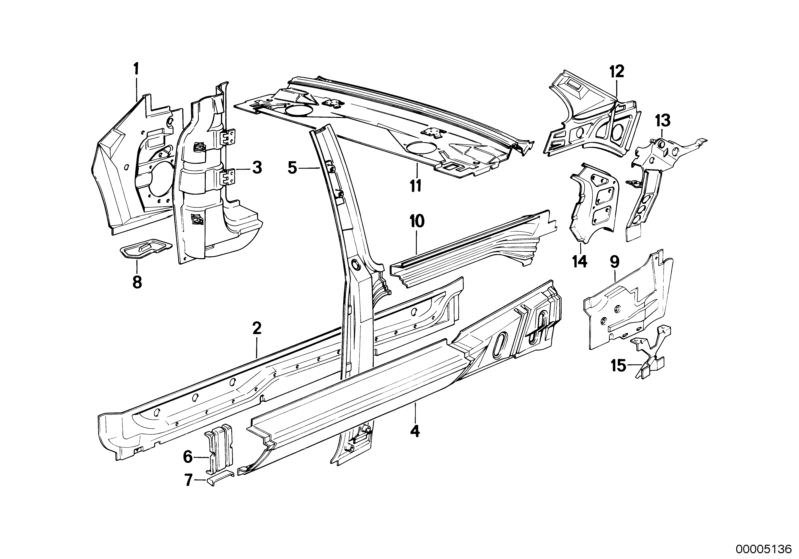 Picture board SINGLE COMPONENTS FOR BODY-SIDE FRAME for the BMW Classic parts  Original BMW spare parts from the electronic parts catalog (ETK) for BMW motor vehicles (car)   BRACKET JACK FIXTURE, Chest strip, right rear, COVERING PLATE LEFT, Covering rig