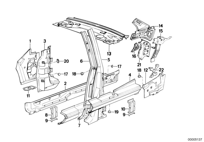 Picture board SINGLE COMPONENTS FOR BODY-SIDE FRAME for the BMW Classic parts  Original BMW spare parts from the electronic parts catalog (ETK) for BMW motor vehicles (car)   Blind plug, BRACKET JACK FIXTURE, COLUMN CENTER LEFT W.COVERING PLATE, COLUMN CE