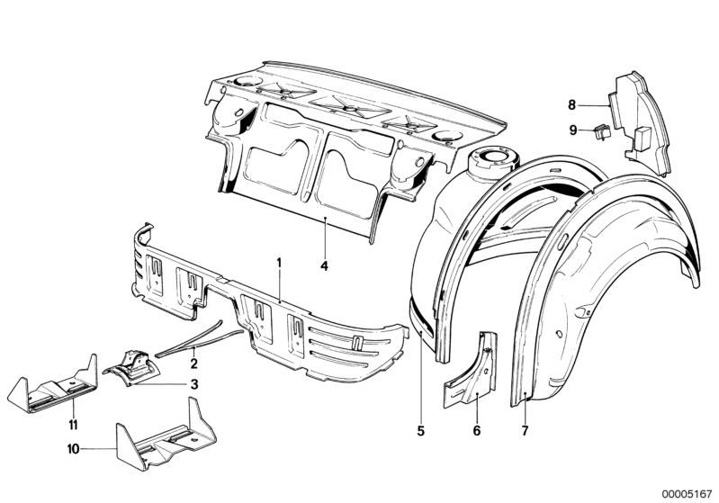 Picture board PARTITION TRUNK/WHEEL HOUSING for the BMW Classic parts  Original BMW spare parts from the electronic parts catalog (ETK) for BMW motor vehicles (car)   Clamp, Console left, Console right, CORNER PLATE WHEEL HOUSING REAR RIGHT, Covering left