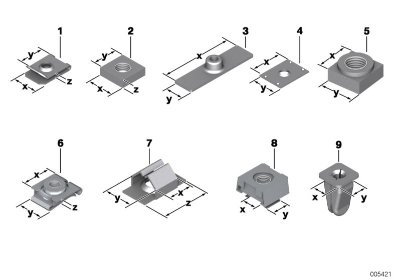 Picture board MECHANICAL CONNECTION ELEMENTS for the BMW 2 Series models  Original BMW spare parts from the electronic parts catalog (ETK) for BMW motor vehicles (car)   Body nut, Cage nut, Expanding nut, Nut, Plug-in nut, Prestol-cage, Square nut, Weldin
