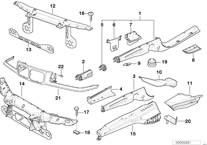 Picture board FRONT BODY PARTS for the BMW Classic parts  Original BMW spare parts from the electronic parts catalog (ETK) for BMW motor vehicles (car)   BENT FRONT CROSS MEMBER, COMPLETE LEFT ENGINE SUPPORT, EARTH PIN, EXTERIOR RIGHT ENGINE SUPPORT, FRON