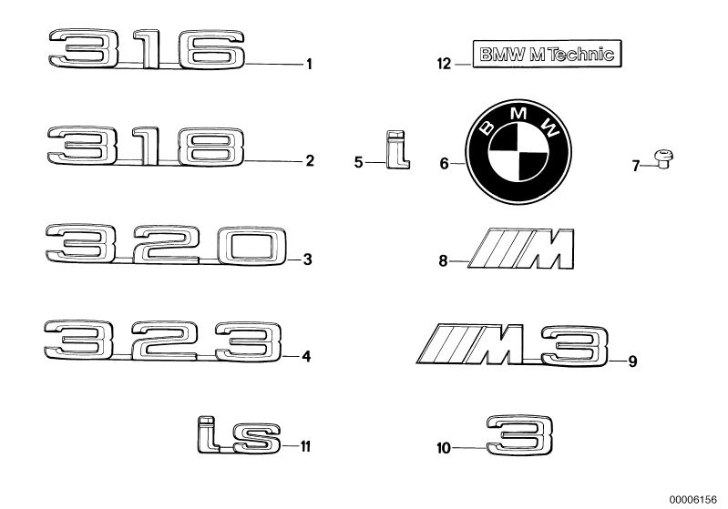 Picture board Emblems / letterings for the BMW Classic parts  Original BMW spare parts from the electronic parts catalog (ETK) for BMW motor vehicles (car)   EMBLEM ADHERED, EMBLEM ADHERED REAR, Grommet, LETTER ´´M3´´ FRONT, LETTER ´´M´´ FRONT, Plaque