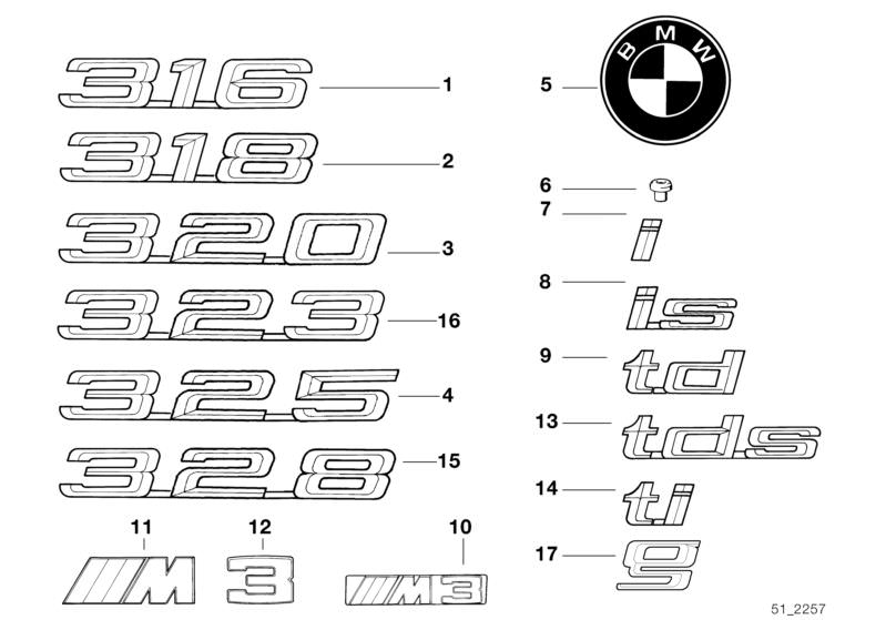 Illustration du Emblèmes / plaques pour les BMW Classic parts  Pièces de rechange d'origine BMW du catalogue de pièces électroniques (ETK) pour véhicules automobiles BMW (voiture)   Emblem, EMBLEM ADHERED REAR, Grommet, LETTER ´´M´´ REAR, Plaque