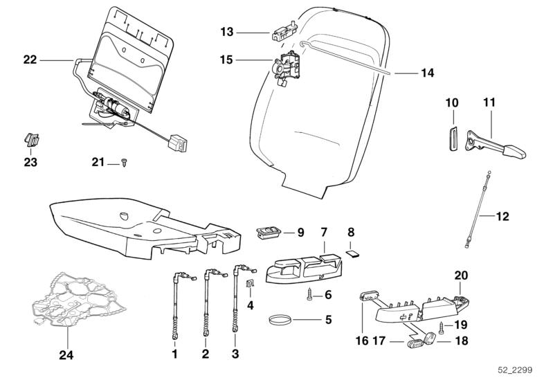 Picture board SINGLE PARTS OF FRONT SEAT CONTROLS for the BMW Classic parts  Original BMW spare parts from the electronic parts catalog (ETK) for BMW motor vehicles (car)   Actuation unit right, Bowden cable, BOWDEN CABLE HORIZONTAL ADJUSTMENT, BOWDEN CAB