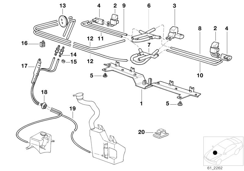 Picture board PARTS F 3-JET INTENSIVE WINDSH.CLEANING for the BMW 7 Series models  Original BMW spare parts from the electronic parts catalog (ETK) for BMW motor vehicles (car)   Center hose, Connection piece, Connection piece right, DISTRIBUTION PIECE, E