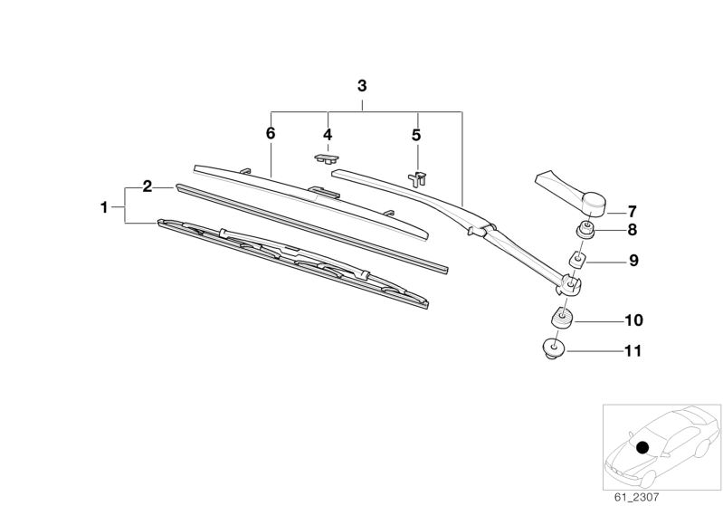 Picture board LEFT WIPER ARM/WIPER BLADE for the BMW 5 Series models  Original BMW spare parts from the electronic parts catalog (ETK) for BMW motor vehicles (car)   Adjusting plate, Cap, wiper arm, left, Hex nut, LEFT WIPER AXLE GASKET, LEFT WIPER BLADE 