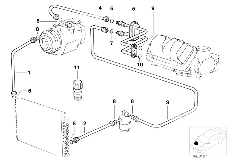 Illustration du Conduites de réfrigérant pour les BMW Classic parts  Pièces de rechange d'origine BMW du catalogue de pièces électroniques (ETK) pour véhicules automobiles BMW (voiture)   PIPE-DRYER PRESSURE HOSE