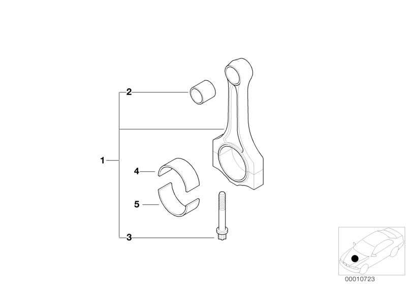 Picture board Crankshaft Connecting Rod for the BMW 3 Series models  Original BMW spare parts from the electronic parts catalog (ETK) for BMW motor vehicles (car)   Bearing shell, blue, Bearing shell, red, Connecting rod bolt, Connecting rod bush, Set, cr