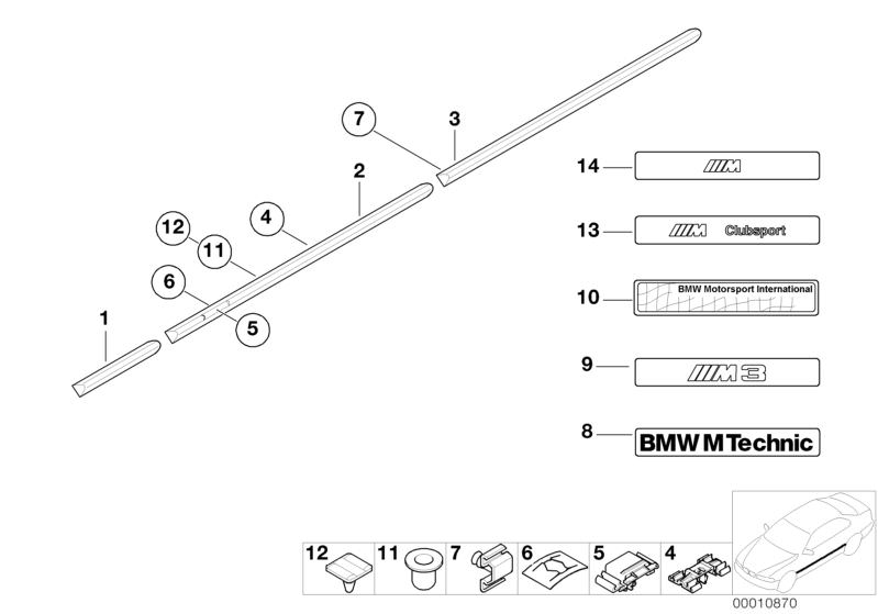 Picture board exterior trim / grille for the BMW Classic parts  Original BMW spare parts from the electronic parts catalog (ETK) for BMW motor vehicles (car)   Clamp, Fuse, Grommet, MOULDING DOOR FRONT LEFT, MOULDING DOOR REAR RIGHT, MOULDING FENDER FRONT