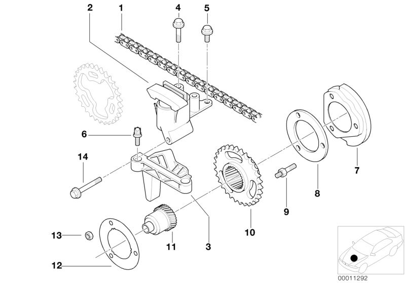 Picture board Valve train,timing chain,upper/intake for the BMW 3 Series models  Original BMW spare parts from the electronic parts catalog (ETK) for BMW motor vehicles (car)   Chain tensioner, Corrugated washer, Guide rail, Hex Bolt with washer, Hex nut,