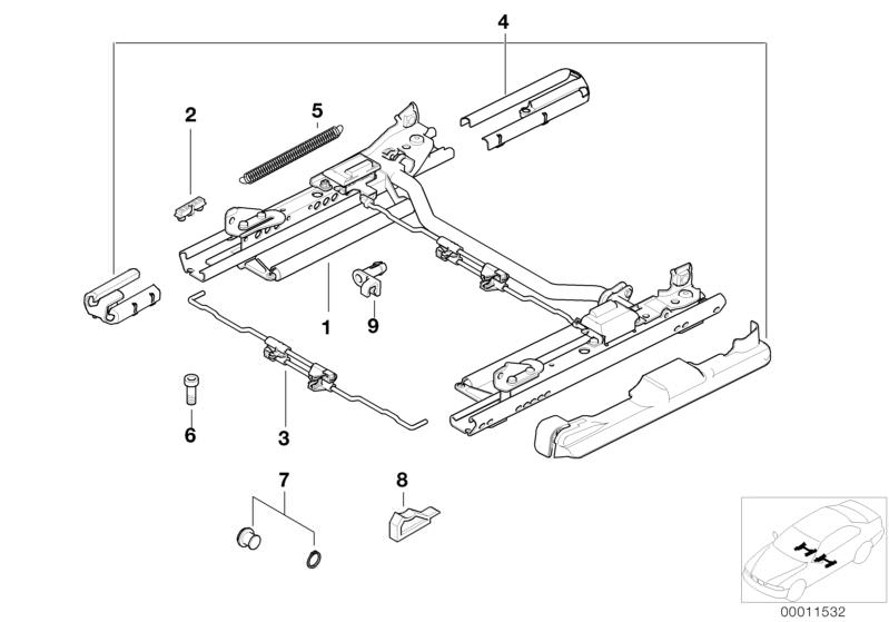Picture board FRONT SEAT RAIL MECHANICAL/SINGLE PARTS for the BMW 5 Series models  Original BMW spare parts from the electronic parts catalog (ETK) for BMW motor vehicles (car)   Bush bearing set, Clip, Cover, Fillister head screw, SEAT RAIL LEFT, Stopper