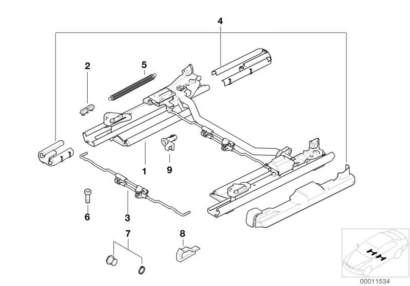 Picture board FRONT SEAT RAIL for the BMW 5 Series models  Original BMW spare parts from the electronic parts catalog (ETK) for BMW motor vehicles (car)   Bush bearing set, Clip, Cover, Fillister head screw, SEAT RAIL LEFT, Stopper, Tension spring, UNLOCK