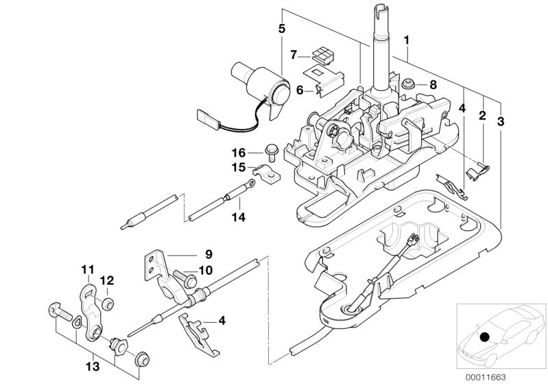 Picture board AUTOM.TRANSMISS.STEPTRONIC SHIFT PARTS for the BMW 7 Series models  Original BMW spare parts from the electronic parts catalog (ETK) for BMW motor vehicles (car)   Bowden cable, BOWDEN CABLE LOCK, Bracket, plug connection black, CLAMPING PAR