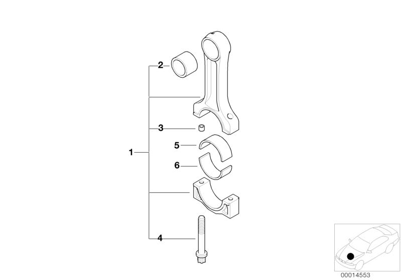 Picture board Crankshaft Connecting Rod for the BMW 3 Series models  Original BMW spare parts from the electronic parts catalog (ETK) for BMW motor vehicles (car)   Bearing shell, Bearing shell, blue, Connecting rod bolt, Connecting rod bush, Dowel, SET C