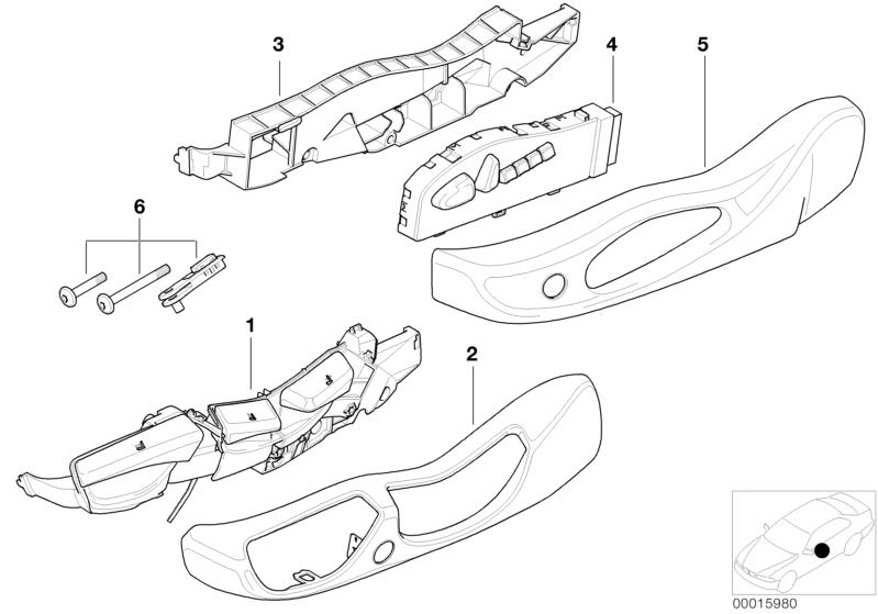Picture board SINGLE PARTS OF FRONT SEAT CONTROLS for the BMW 3 Series models  Original BMW spare parts from the electronic parts catalog (ETK) for BMW motor vehicles (car)   Actuation unit left, Covering outer left, set of fittings for seat actuator unit