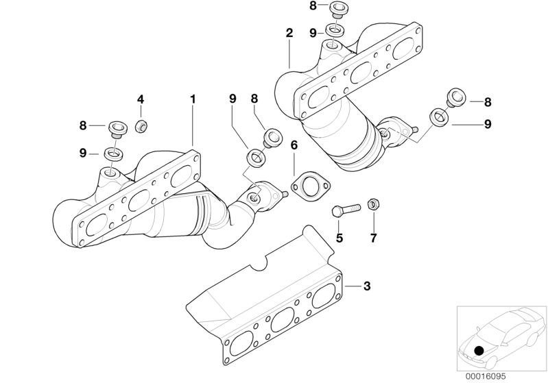 Picture board Exhaust manifold with catalyst for the BMW 7 Series models  Original BMW spare parts from the electronic parts catalog (ETK) for BMW motor vehicles (car)   Flat gasket, GASKET W/HEAT PROT.SHIELD ASBESTOSFREE, Hex Bolt, Hex nut, Rmfd exhaust 