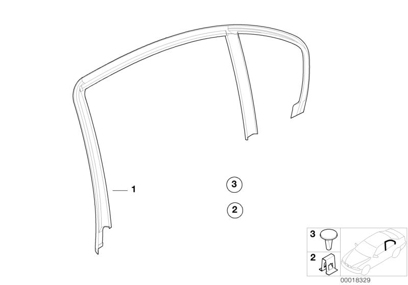 Picture board Trims and seals, door, rear for the BMW 3 Series models  Original BMW spare parts from the electronic parts catalog (ETK) for BMW motor vehicles (car)   Clip, Cover, window frame, left, Plug-in retainer