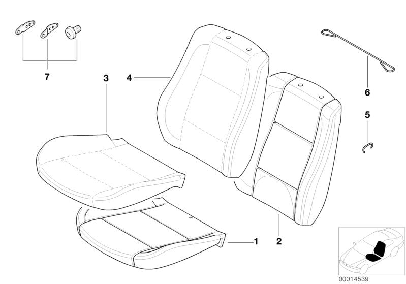Picture board Seat, front, cushion and cover for the BMW 3 Series models  Original BMW spare parts from the electronic parts catalog (ETK) for BMW motor vehicles (car)   BACKREST UPHOLSTERY, Clamp, Cover backrest, leather, Seat cover, leather, Seat uphols