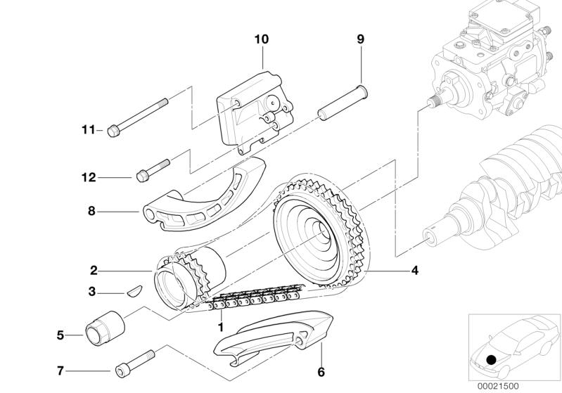 Picture board Timing - Timing Chain Lower P for the BMW 5 Series models  Original BMW spare parts from the electronic parts catalog (ETK) for BMW motor vehicles (car)   Bearing bolt, Chain tensioner, Crankshaft sprocket, Fillister head screw, Guide rail, 