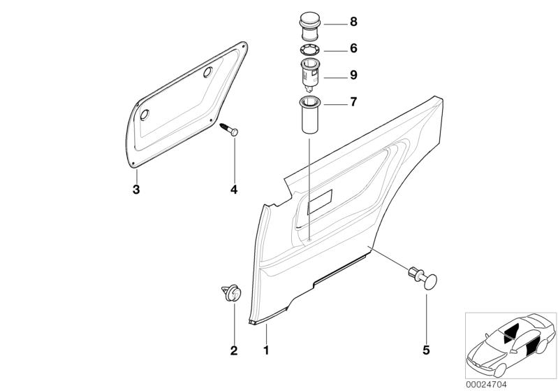 Picture board Lateral trim panel rear for the BMW Classic parts  Original BMW spare parts from the electronic parts catalog (ETK) for BMW motor vehicles (car)   Clamp, CLAMPING SPRING, Expanding rivet, Hex head screw, INNER LEFT REAR COVER, Lateral trim p