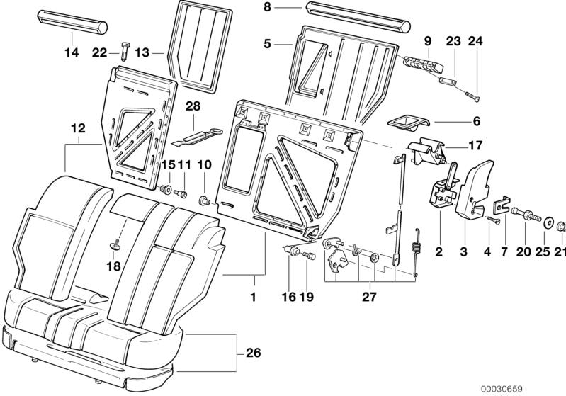 Picture board THROUGH-LOADING FACILITY/SINGLE PARTS for the BMW Classic parts  Original BMW spare parts from the electronic parts catalog (ETK) for BMW motor vehicles (car)   BUSH BEARING INNER RIGHT, CATCH REAR LEFT, Cover panel outer right, Covering rea