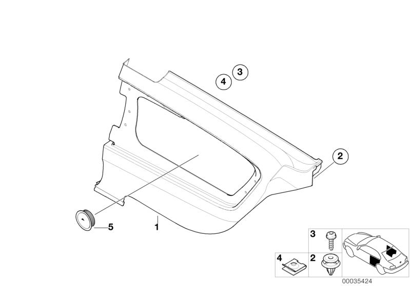 Picture board Lateral trim panel rear for the BMW 3 Series models  Original BMW spare parts from the electronic parts catalog (ETK) for BMW motor vehicles (car)   Body nut, Clip Natur, Cover Loudspeaker, Fillister head self-tapping screw, Lateral trim pan