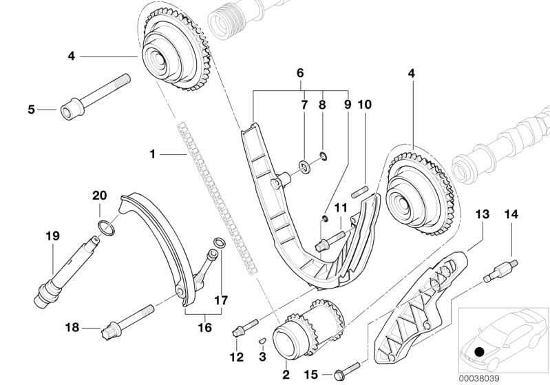 Picture board Timing - Timing Chain Lower P for the BMW 7 Series models  Original BMW spare parts from the electronic parts catalog (ETK) for BMW motor vehicles (car)   AIR REDUCER, Bearing bolt, camshaft adjuster unit with pinion, Chain tensioner, DEFLEC