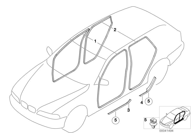 Bildtafel Kantenschutz / Blende Einstieg für die BMW X Modelle  Original BMW Ersatzteile aus dem elektronischen Teilekatalog (ETK) für BMW Kraftfahrzeuge( Auto)    Blende Einstieg hinten rechts, Blende Einstieg vorn links, Clip grau, Kantenschutz hinten, 