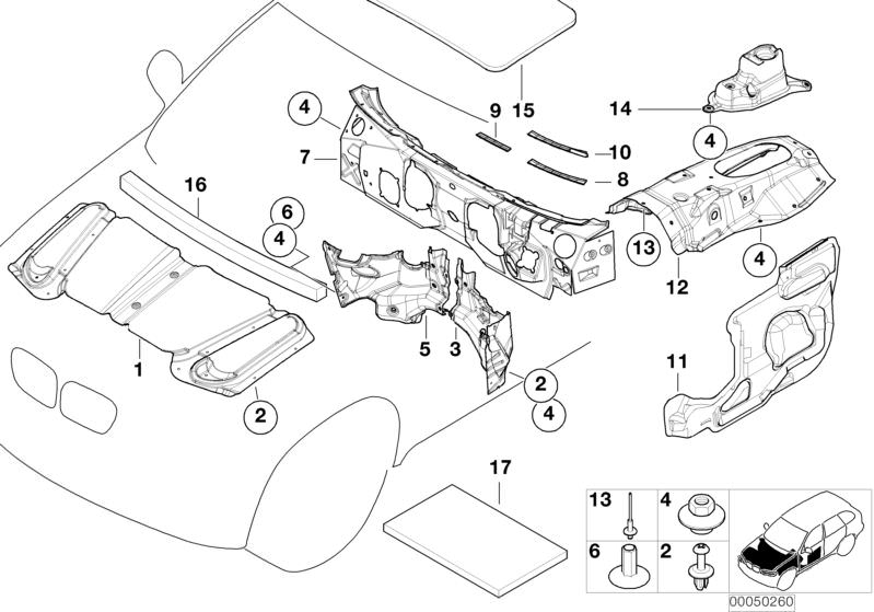 Bildtafel Schallisolierung vorn für die BMW X Modelle  Original BMW Ersatzteile aus dem elektronischen Teilekatalog (ETK) für BMW Kraftfahrzeuge( Auto)    Antidröhnbelag, Bolzen, Druckknopf, Halter Schallisolierung links, Halter Schallisolierung Mitte, Ha