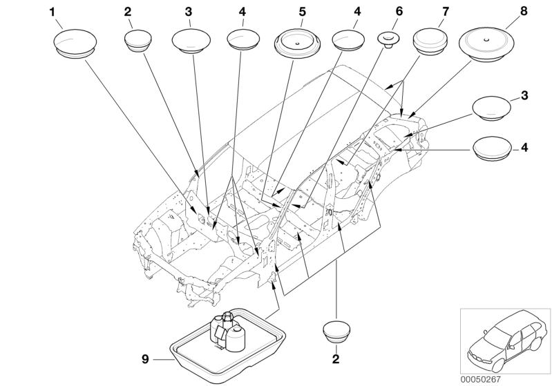 Bildtafel Verschlussdeckel/Verschlussstopfen für die BMW X Modelle  Original BMW Ersatzteile aus dem elektronischen Teilekatalog (ETK) für BMW Kraftfahrzeuge( Auto)    Aufnahme Hebebühne, Verschlussstopfen