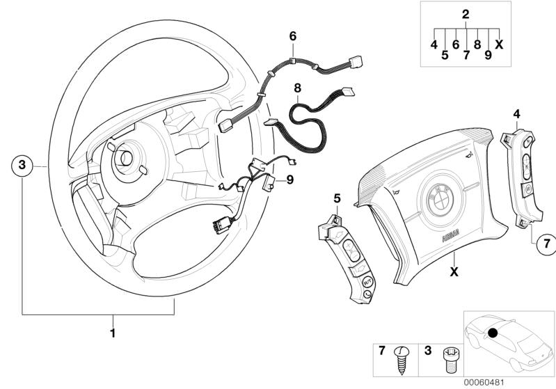 Picture board Steering wheel Airbag-Smart multifunct. for the BMW 3 Series models  Original BMW spare parts from the electronic parts catalog (ETK) for BMW motor vehicles (car)   Connecting line, airbag / slip ring, connecting line, steering wheel, connec
