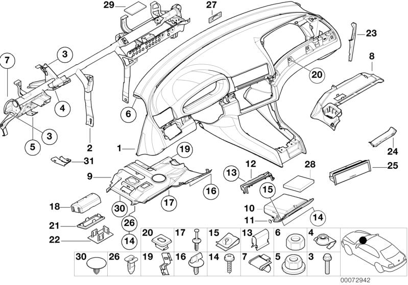 Picture board Trim panel dashboard for the BMW 3 Series models  Original BMW spare parts from the electronic parts catalog (ETK) for BMW motor vehicles (car)   Blind plate, Body nut, CENTER PLATE, Clamp, Clip, Combination nut, Cover, Covering left, Coveri