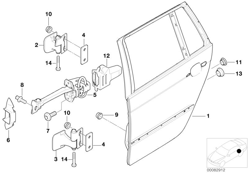 Picture board Rear door - hinge/door brake for the BMW 3 Series models  Original BMW spare parts from the electronic parts catalog (ETK) for BMW motor vehicles (car)   Blind plug, Door, rear left, Hex Bolt, Hex nut with plate, Hinge, rear door, lower, lef