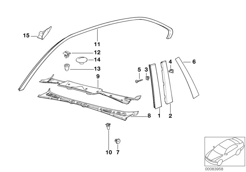 Picture board exterior trim / grille for the BMW Classic parts  Original BMW spare parts from the electronic parts catalog (ETK) for BMW motor vehicles (car)   Clamp, Corner moulding, right, Cover, COVERING FRONT LEFT, Covering rear left, COVERING REAR RI
