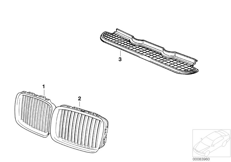 Picture board exterior trim / grille for the BMW Classic parts  Original BMW spare parts from the electronic parts catalog (ETK) for BMW motor vehicles (car)   Grille, GRILLE LEFT, GRILLE RIGHT