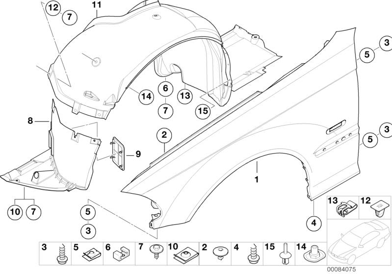 Picture board Side panel, front for the BMW 3 Series models  Original BMW spare parts from the electronic parts catalog (ETK) for BMW motor vehicles (car)   Body nut, Clip, Cover right, Cover, wheel housing, front left, Covering left, Expanding rivet, Hex