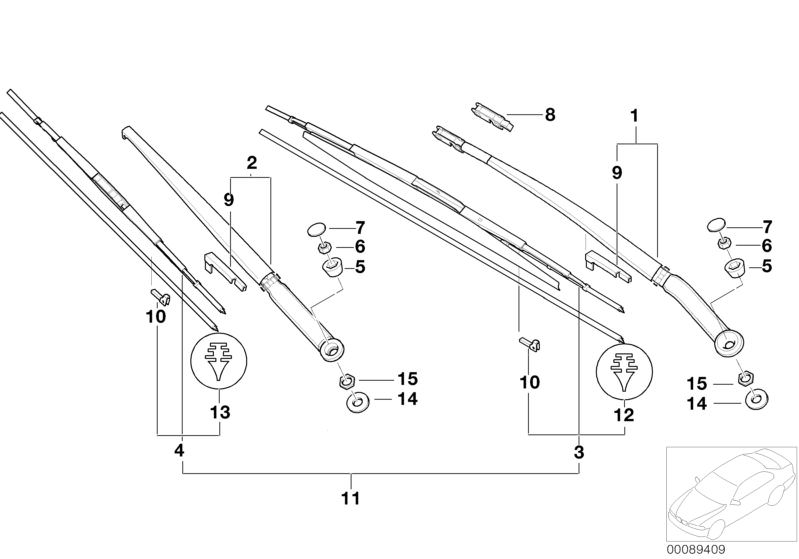 Picture board Wiper arm/wiper blade for the BMW 3 Series models  Original BMW spare parts from the electronic parts catalog (ETK) for BMW motor vehicles (car)   Damping washer upper part, Hex nut, Installation element f wiper arm, Set, wiper blades ´´evo 