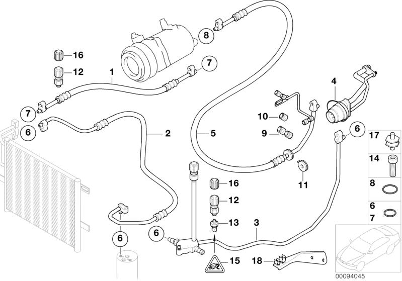 Picture board Coolant lines for the BMW 3 Series models  Original BMW spare parts from the electronic parts catalog (ETK) for BMW motor vehicles (car)   BRACKET SUCTION PIPE AIRCONDITIONER, CONDENSER-DRYER PRESSURE HOSE ASSY, Double pipe, DRYER-EVAPORATOR