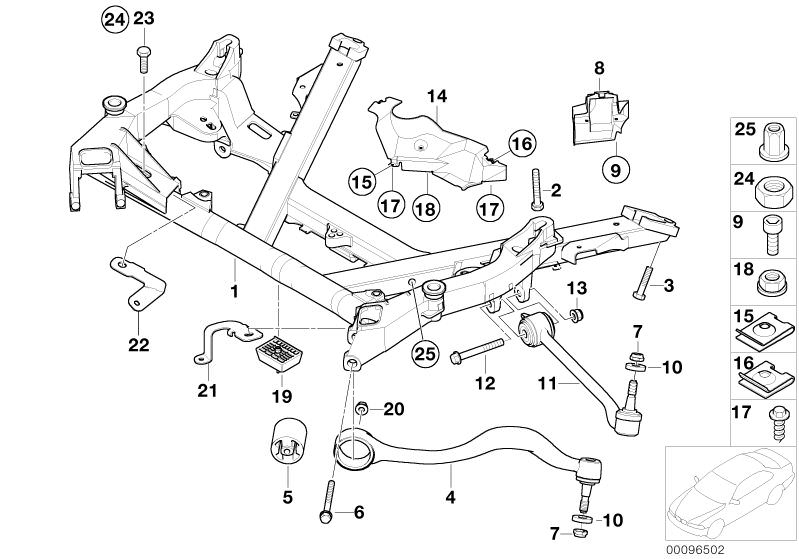 Picture board FRONT AXLE SUPPORT/WISHBONE for the BMW 5 Series models  Original BMW spare parts from the electronic parts catalog (ETK) for BMW motor vehicles (car)   Blind rivet nut, flat headed, Body nut, Collar screw, Covering right, Front axle support