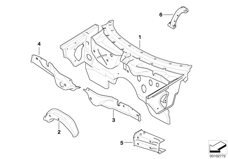 Picture board SPLASH WALL PARTS for the BMW Z Series models  Original BMW spare parts from the electronic parts catalog (ETK) for BMW motor vehicles (car)   Connection pcs,wheel house/entrance,rght, Left engine compartment partition, Right engine compartm