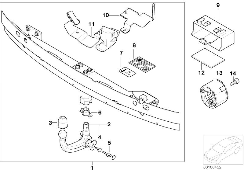 Picture board Towing hitch, detachable for the BMW 7 Series models  Original BMW spare parts from the electronic parts catalog (ETK) for BMW motor vehicles (car)   Ball hitch bracket, Blind plug, Countersunk screw, Covering cap, Drawbar load ratings plate