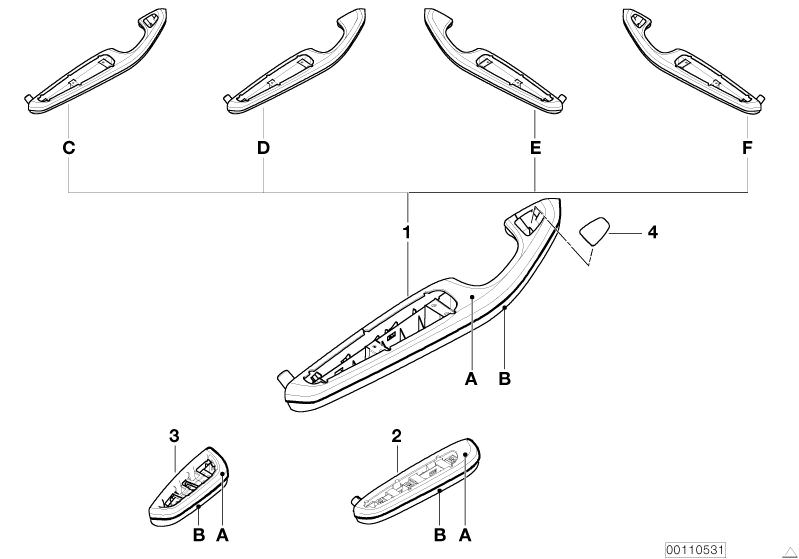Picture board Individual armrest, front and rear for the BMW 3 Series models  Original BMW spare parts from the electronic parts catalog (ETK) for BMW motor vehicles (car)   Armrest, aluminium, front, Armrest, aluminium, rear, Cover, primed