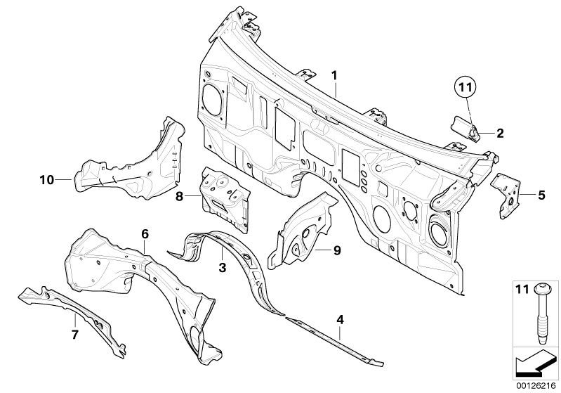 Picture board SPLASH WALL PARTS for the BMW 5 Series models  Original BMW spare parts from the electronic parts catalog (ETK) for BMW motor vehicles (car)   Left engine compartment partition, Mount, wiper system, Reinforcement, tunnel centre right, Reinfo