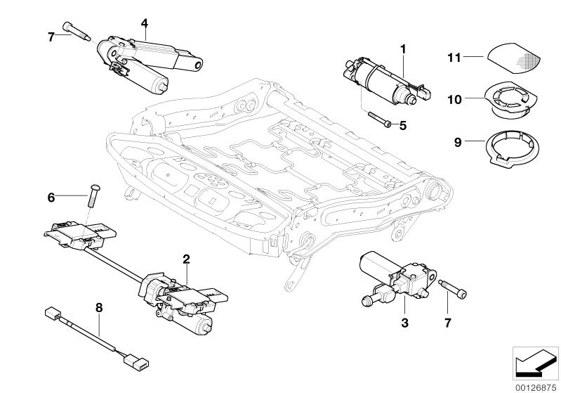 Picture board Seat, front, electrical system & drives for the BMW 7 Series models  Original BMW spare parts from the electronic parts catalog (ETK) for BMW motor vehicles (car)   ACTUATOR THIGH SUPPORT, Adapter lead, seat, Drive seat height adjustment mem
