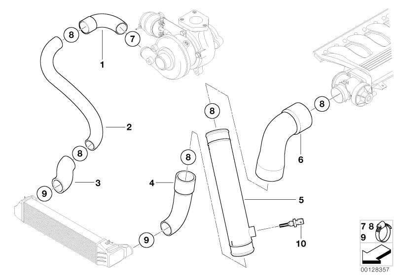 Picture board INTAKE MANIFOLD-SUPERCHARG.AIR DUCT for the BMW 7 Series models  Original BMW spare parts from the electronic parts catalog (ETK) for BMW motor vehicles (car)   Hose clamp, Pressure hose assy, Pressure pipe, Temperature sensor, intake air